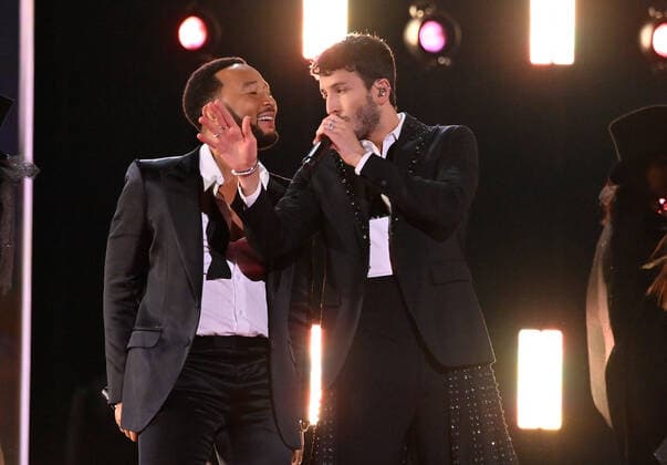John Legend and Sebastián Yatra perform onstage during the 23rd annual Latin Grammy Awards at the Michelob Ultra Arena at Mandalay Bay Resort and Casino in Las Vegas, Nevada on Thursday, November 17, 2022.  LAV20221117689 JIMxRUYMEN