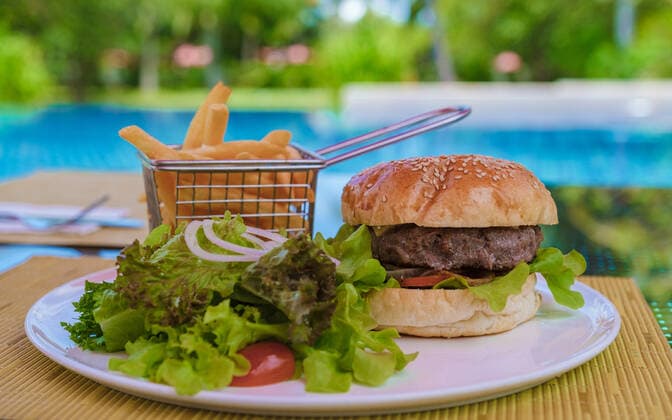 Hamburger with french fries on a plate isolated by a tropical pool Hamburger with french fries on a plate isolated by a tropical pool. Copyright: xZoonar.com FokkexBaarssenx 19113365