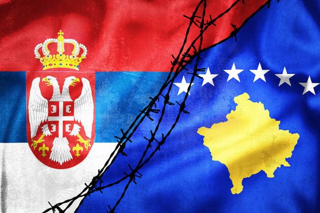 Grunge flags of Serbia and Kosovo divided by barb wire illustration Grunge flags of Serbia and Kosovo divided by barb wire illustration, concept of tense relations between Serbia and Kosovo Copyright: xZoonar.com DaliborxBrlekx 19199697