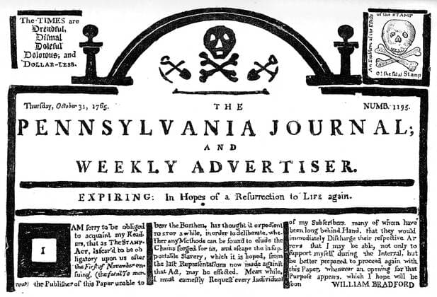 RECORD DATE NOT STATED Facsimile of the Pennsylvania Journal on the Stamp Act, 1765 (c1880). Artist: Unknown Copyright:xThexPrintxCollector HeritagexImagesx IMAGO ,2329748 ! ACHTUNG: AUFNAHMEDATUM GESCHÄTZT!  Copyright:ThexPrintxCollector HeritagexImagesx IMAGO