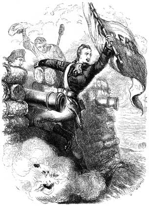 RECORD DATE NOT STATED Sergeant Jasper recovering the flag, 1776 (c1880). Artist: Unknown Copyright:xThexPrintxCollector HeritagexImagesx IMAGO ,2329771 ! ACHTUNG: AUFNAHMEDATUM GESCHÄTZT!  Copyright:ThexPrintxCollector HeritagexImagesx IMAGO