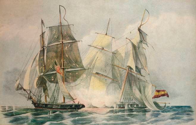 RECORD DATE NOT STATED Capture of the Spanish slave vessel Dolores by HM brig Ferret, 4 April 1816 , 1816. Artist: William John Huggins. Copyright:xThexPrintxCollector HeritagexImagesx IMAGO ,2641255 ! ACHTUNG: AUFNAHMEDATUM GESCHÄTZT!  Copyright:ThexPrintxCollector HeritagexImagesx IMAGO