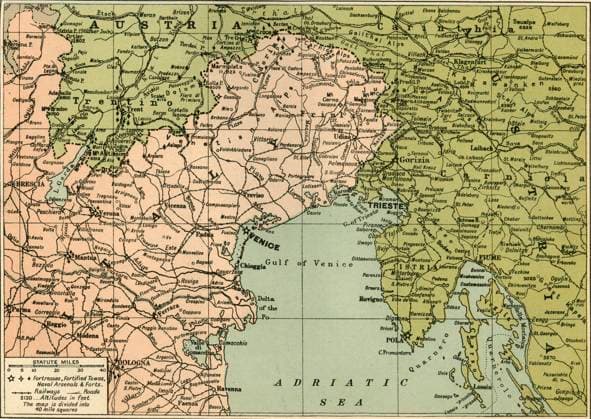RECORD DATE NOT STATED Map of the Italian Fighting Front , 1919. Creator: George Philip & Son Ltd. Copyright:xmar,Italy,costa,país,Áustria,geografia,cor,territorial,Austrian,guerra,Veneza,posição,século,império,primeiraxguerraxdexmundo,TERRITÓRIO,conceito,Cor,,World.war.i,WWI,GuerraxDexMundoxUma,1910s,20oxséculo,OxAdriático,Friuli-VeneziaxGiulia,ThexPrintxCollector,map,Austria-Hungary,Knight,Austro-HungarianxEmpire,GeorgexPhilipx&xSonxLtd,CaxtonxPublishingxCompany,WilliamxStanleyxMacbeanxKnight,WilliamxStanleyxMacbean,W.xStanleyxMacbeanxKnight,WxStanleyxMacbeanxKnight,W.xStanleyxMacbean,WxStanleyxMacbean,W.xS.xM.,W.xS.xM.xKnight,CaxtonxPulishingxCompanyxLim,GeorgexPhilipx&xSon,Philip,xGeorge,x&xSonxLtdx IMAGO ,2710777 ! ACHTUNG: AUFNAHMEDATUM GESCHÄTZT!  Copyright:mar,Italy,costa,país,Áustria,geografia,cor,territorial,Austrian,guerra,Veneza,posição,século,império,primeiraxguerraxdexmundo,TERRITÓRIO,conceito,Cor,,World.war.i,WWI,GuerraxDexMundoxUma,191