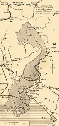 RECORD DATE NOT STATED Map showing the Area over which the Italians advanced into Austrian Territory...1915 , (c1920). Creator: Unknown. Copyright:xtrasporto,trasporto,fiume,litorale,ferrovie,litoraneo,paese,libro,occupazione,geografia,ferrovia,territoriale,Austriaco,guerra,partexanteriore,posizione,secolo,impero,primaxguerraxmondiale,TERRITORIO,concetto,frontiera,World.war.i,WWI,B W,GuerraxmondialexUna,glixannix10,ventesimoxsecolo,Friuli-VeneziaxGiulia,ThexPrintxCollector,map,Unknown,KeystonexArchives,Austro-HungarianxEmpire,occupiedxterritory,theatrexofxwar,Isonzo,Soca,ThexGreatxWorldxWar:xAxHistory,FrankxArthurxMumby,Mumby,FrankxArthur,GreshamxPublishingxCompany,GreshamxPublishingxCoxLtd,FrankxAxMumby,FrankxA.xMumby,FrankxA.,FrankxAx IMAGO ,2752145 ! ACHTU  Copyright:trasporto,trasporto,fiume,litorale,ferrovie,litoraneo,paese,libro,occupazione,geografia,ferrovia,territoriale,Austriaco,guerra,partexanteriore,posizione,secolo,impero,primaxguerraxmondiale,T