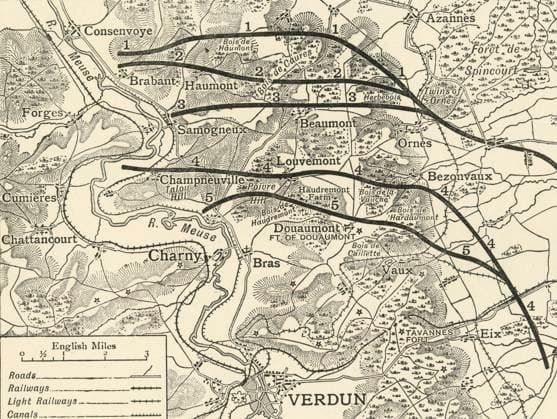 RECORD DATE NOT STATED Map showing...the Attack on Verdun northern France, First World War, 1916, (c1920). Creator: Unknown. Copyright:xGermania,fiume,linee,Tedesco,paese,Francese,Francia,libro,nemico,geografia,guerra,posizione,secolo,primaxguerraxmondiale,concetto,battaglia,avversario,Lorraine,World.war.i,WWI,campoxdixbattaglia,B W,GuerraxmondialexUna,frontline,glixannix10,ventesimoxsecolo,Meuse,ThexPrintxCollector,map,frontxline,RiverxMaas,Unknown,foe,KeystonexArchives,theatrexofxwar,ThexGreatxWorldxWar:xAxHistory,FrankxArthurxMumby,Mumby,FrankxArthur,GreshamxPublishingxCompany,GreshamxPublishingxCoxLtd,FrankxAxMumby,FrankxA.xMumby,FrankxA.,FrankxAx IMAGO ,2752179 ! ACHTUNG: AUFNAHMEDATUM GESCHÄTZT!  Copyright:Germania,fiume,linee,Tedesco,paese,Francese,Francia,libro,nemico,geografia,guerra,posizione,secolo,primaxguerraxmondiale,concetto,battaglia,avversario,Lorraine,World.war.i,WWI,campoxdixbatta