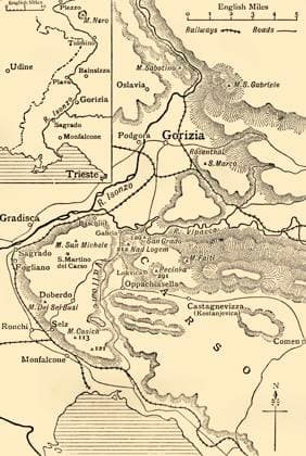 RECORD DATE NOT STATED Gorizia and the Carso: map illustrating the Italian advance towards Trieste in 1916 , (c1920). Creator: Unknown. Copyright:xEuropa,fiume,Italiano,linee,paese,libro,geografia,guerra,plateau,posizione,secolo,primaxguerraxmondiale,posizione,concetto,posizioni,World.war.i,WWI,campoxdixbattaglia,B W,GuerraxmondialexUna,frontline,glixannix10,ventesimoxsecolo,Friuli-VeneziaxGiulia,ThexPrintxCollector,map,frontxline,Unknown,KeystonexArchives,Carso,KarstxPlateau,theatrexofxwar,Gorizia,Isonzo,Soca,ThexGreatxWorldxWar:xAxHistory,FrankxArthurxMumby,Mumby,FrankxArthur,GreshamxPublishingxCompany,GreshamxPublishingxCoxLtd,FrankxAxMumby,FrankxA.xMumby,FrankxA.,FrankxAx IMAGO ,2752196 ! ACHTUNG: AUFNAHMEDATUM GESCHÄTZT!  Copyright:Europa,fiume,Italiano,linee,paese,libro,geografia,guerra,plateau,posizione,secolo,primaxguerraxmondiale,posizione,concetto,posizioni,World.war.i,WWI,campoxdixbattaglia,B W,GuerraxmondialexUn