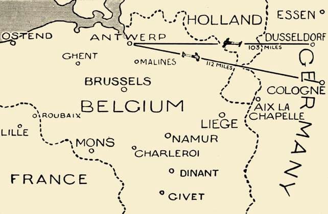 RECORD DATE NOT STATED The Route of the Airmen Who Raided Dusseldorf and Cologne , 1915. Creator: Unknown. Copyright:xGermania,Tedesco,paese,volo,strategia,Britannico,Belgio,itinerario,distanza,militare,guerra,Dusseldorf,posizione,Colonia,secolo,distante,GranxBretagna,strategico,aeronautica,primaxguerraxmondiale,wartime,concetto,Nordrhein-Westfalen,MarinaxMilitare,B&W,iscrizione,guerra,album,World.war.i,WWI,guerraxnavale,letteraxmaiuscola,nerox&xbianco,neroxexbianco,GuerraxmondialexUna,glixannix10,ventesimoxsecolo,incursionexdixaria,LaxReno-VestfaliaxDelxnord,ThexPrintxCollector,map,Unknown,JAxHammerton,JxAxHammerton,Hammerton,RNAS,Ja,SirxJohnxAlexanderxHammerton,SirxJohnxHammerton,JohnxHammerton,SirxJohnxAlexander,JxA,AmalgamatedxPressxLtd,AmalgamatedxPressxLim  Copyright:Germania,Tedesco,paese,volo,strategia,Britannico,Belgio,itinerario,distanza,militare,guerra,Dusseldorf,posizione,Colonia,secolo,distante,GranxBretagna,strategico,aeronautica,primaxguerraxmon