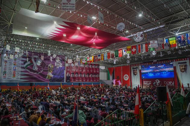 November 20, 2022, Gaza, Palestine: Thousands of Palestinians participated in attending the opening ceremony of the World Cup and attending the opening match between Qatar and Ecuador. The Qatari committee established a headquarters to display the matches throughout the World Cup for free in Saad Sayel Hall in the center of the Gaza Strip. The Palestinians in Gaza encouraged the national team And they sent motivational messages to the Qatari team via screens.  Copyright: xSaherxElghorrax