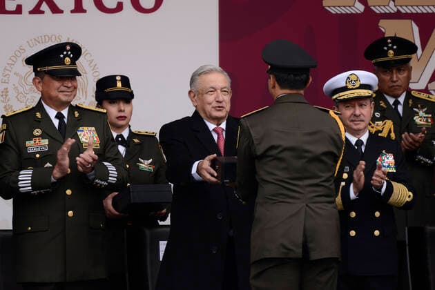 Mexican Revolution 112th Anniversary November 20, 2022, Mexico City, Mexico: President of Mexico, Andres Manuel Lopez Obrador, accompanied by the Secretary of the Navy Jose Rafael Ojeda Duran and the Secretary of Mexican Army, Luis Cresencio Sandoval, during the 112th anniversary of the Mexican Revolution. on November 20, 2022 in Mexico City, Mexico. (Photo by Carlos Tischler Eyepix Group) Copyright: xCarlosxTischler xEyepixxGroupx CT_20112022_81642