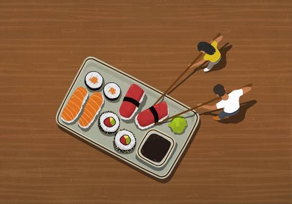 Couple with chopsticks eating large tray of sushi  Copyright: MaltexMueller fStopImages2015004