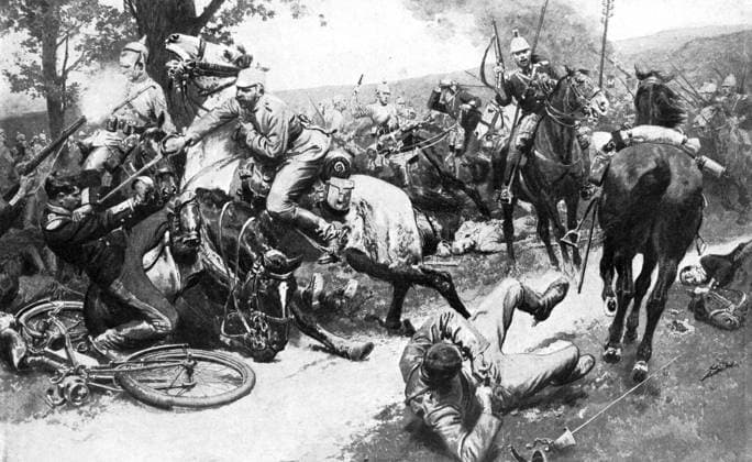 RECORD DATE NOT STATED French cavalry attacking German troops, First World War, 1914. Artist: Unknown Copyright:xThexPrintxCollector HeritagexImagesx IMAGO ,1647919 ! ACHTUNG: AUFNAHMEDATUM GESCHÄTZT!  Copyright:ThexPrintxCollector HeritagexImagesx IMAGO