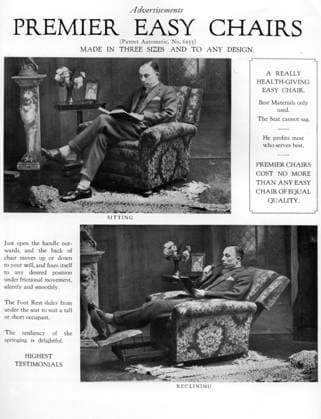 RECORD DATE NOT STATED An advertisement for Premier easy chairs, 1926. Artist: Unknown Copyright:xThexPrintxCollector HeritagexImagesx IMAGO ,1648012 ! ACHTUNG: AUFNAHMEDATUM GESCHÄTZT!  Copyright:ThexPrintxCollector HeritagexImagesx IMAGO