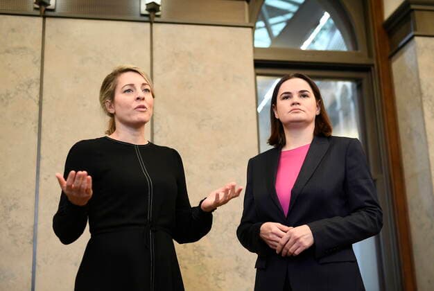 November 22, 2022, Ottawa, ON, CAN: Canada s Minister of Foreign Affairs Melanie Joly speaks as Opposition Leader of Belarus Sviatlana Tsikhanouskaya listens during a photo opportunity on Parliament Hill, in Ottawa, on Tuesday, Nov. 22, 2022. Ottawa CAN  - ZUMAc35_ 20221122_zaf_c35_058 Copyright: xJustinxTangx