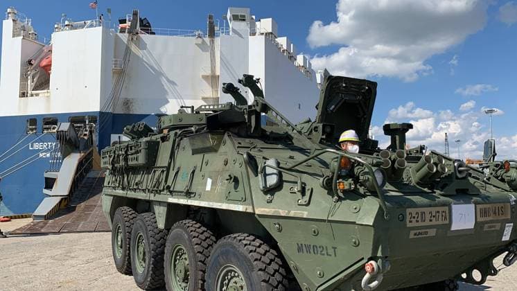 A Stryker vehicle belonging to 2nd Stryker Brigade Combat Team, 2nd Infantry Division, Joint Base Lewis-McChord, Wash. rolls off the ship at the Port of Pyeongtaek, South Korea Oct. 8, 2022. The vehicles were off loaded by members of the 837th Transportation Battalion, the 19th Expeditionary Sustainment Command, and the 2nd Infantry Division. The 2-2 SBCT will serve a nine-month tour of duty in Korea, the first for the unit and the 12th iteration overall since the start of the Korea Rotational Force began.