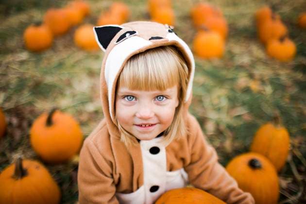 Smiling girl wearing fox costume at pumpkin farm model released, Symbolfoto, MDOF00115