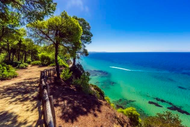 Greece, Central Macedonia, Mediterranean Sea seen from coastal hilltop in summer, THAF03101
