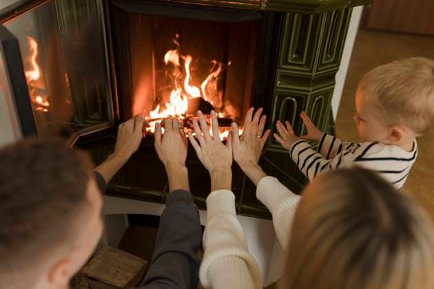 IMAGO Creative: Herbst, Gemütliches Zuhause Man and woman with son warming hands in front of fireplace at home model released, Symbolfoto property released, VIVF00129