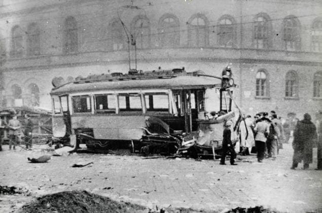 A tram destroyed by Soviet tanks in Bajczy-Zsilinsky street, Budapest, Hungary 1956 