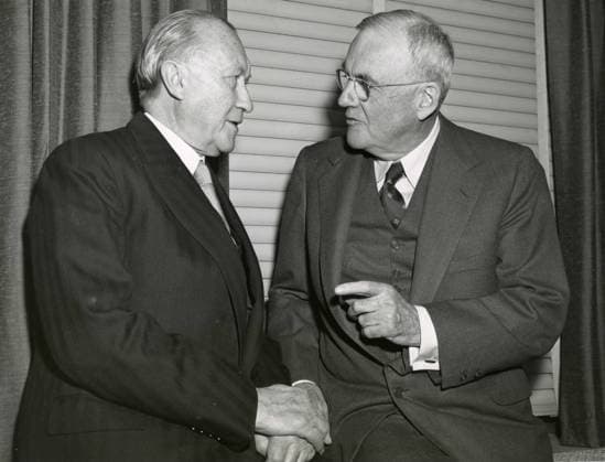 Chancellor of the Federal Republic of Germany Konrad Adenauer and US Secretary of State John Foster Dulles, Washington, DC, USA 1954 
