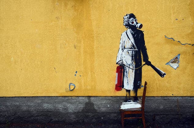 HOSTOMEL, UKRAINE - NOVEMBER 26, 2022 - The mural by England-based street artist Banksy depicts a woman in a gas mask standing on a chair and holding a fire extinguisher, Hostomel, Kyiv Region, northern Ukraine. Banksy?s murals in Kyiv Region  Copyright: xOleksandraxButovax