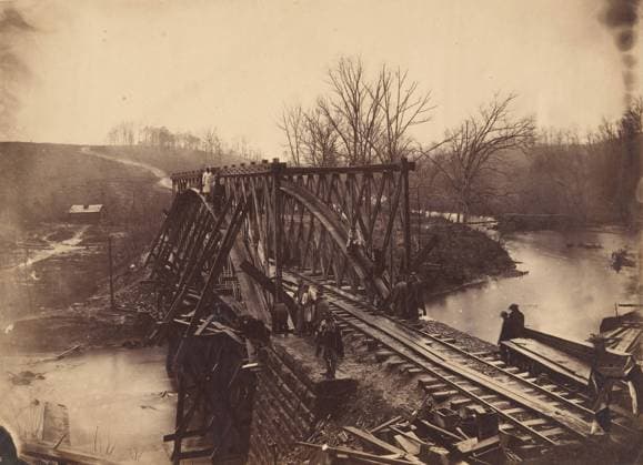 RECORD DATE NOT STATED Part of Construction Corps Building New Military Truss Bridge Across Bull Run, April 1863. Creator: Egbert Guy Fowx. Copyright:xHeritagexArt HeritagexImagesx IMAGO ,2778695 ! ACHTUNG: AUFNAHMEDATUM GESCHÄTZT!  Copyright:HeritagexArt HeritagexImagesx IMAGO
