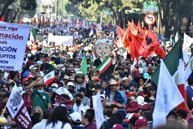 Mexico™s President Heads March of Transformation November 27, 2022, Mexico City, Mexico: Persons join during the March of Transformation in support of the Mexican President Andres Manuel Lopez Obrador at the Angel of Independence towards the Zocalo, prior to Lopez Obrador 4th Government Report. on November 27, 2022 in Mexico City, Mexico. (Photo by Carlos Tischler Eyepix Group) Copyright: xCarlosxTischler xEyepixxGroupx CT_27112022_82564