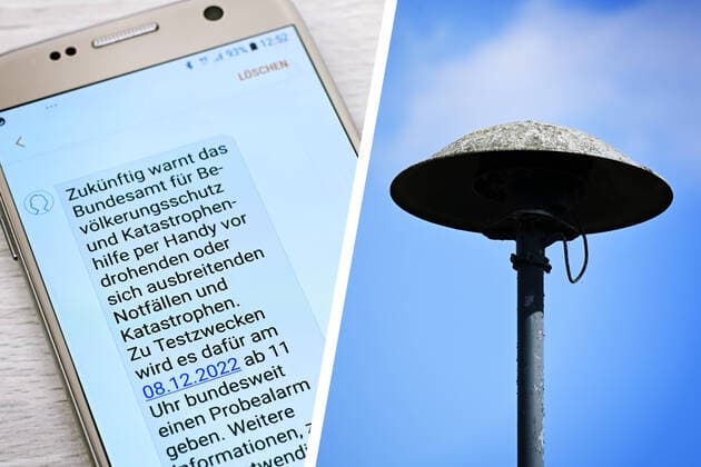 FOTOMONTAGE, Smartphone mit SMS-Benachrichtigung Ã¼ber den Katastrophenwarntag und Sirene auf einem Dach *** PHOTOMONTAGE, smartphone with SMS notification of disaster warning day and siren on a roof. ** NUR FUER REDAKTIONELLE ZWECKE ** EDITORIAL USE ONLY **