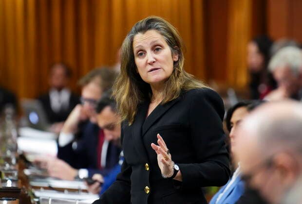 November 28, 2022, Ottawa, ON, Canada: Minister of Finance Chrystia Freeland stands during question period in the House of Commons on Parliament Hill in Ottawa, on Monday, Nov. 28, 2022. Ottawa Canada  - ZUMAc35_ 20221128_zaf_c35_093 Copyright: xSeanxKilpatrickx