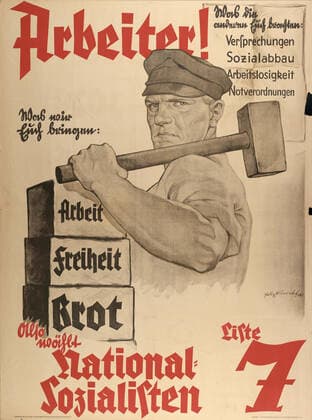 RECORD DATE NOT STATED What we bring you: work - freedom - bread. Vote National Socialists List 7, 1932. Creator: Albrecht, Felix (active 1932-1941). Copyright:x?xFinexArtxImages HeritagexImagesx IMAGO ,2825916 ! ACHTUNG: AUFNAHMEDATUM GESCHÄTZT!  Copyright:?xFinexArtxImages HeritagexImagesx IMAGO
