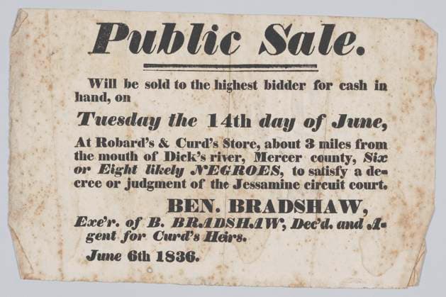 IMAGO History, Ende des afrikanischen Sklavenhandels und die Abschaffung der Sklaverei: 1807-1888 RECORD DATE NOT STATED Broadside announcing the sale of enslaved persons in Mercer County, Kentucky, 1836. Creator: Unknown. Copyright:xHeritagexArt HeritagexImagesx IMAGO ,2831801 ! ACHTUNG: AUFNAHMEDATUM GESCHÄTZT!  Copyright:HeritagexArt HeritagexImagesx IMAGO