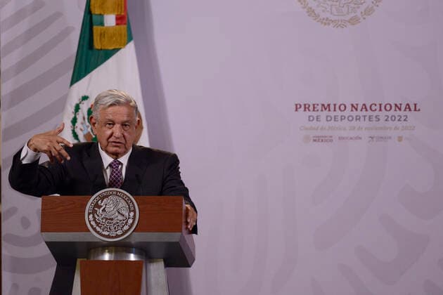 November 28, 2022, Mexico city, Mexico:MexicoÃ¢â‚¬â ¢s President, Andres Manuel Lopez Obrador, speaks during the ceremony of the National Sports Awards at National Palace on November 28, 2022 in Mexico City, Mexico. Mexico City Mexico - ZUMAe321 20221128_zia_e321_013 Copyright: xCarlosxTischler xEyepixxGroupx