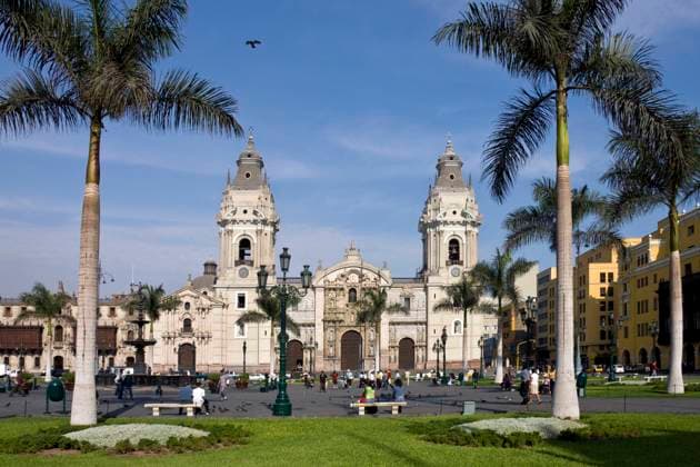 RECORD DATE NOT STATED Lima Cathedral and the Bishops Palace in the Plaza de Armes in central Lima, Peru. , 9611558.jpg, Lima, Peru, Plaza de Armes, landmark, South America, square, cathedral, tourism, travel, sightseeing, South American, capital city, city, places, Bishops Palace,