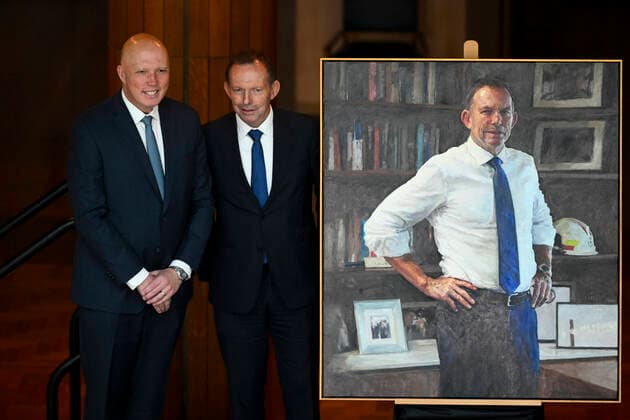 TONY ABBOTT PORTRAIT UNVEILING, Former Australian prime minister Tony Abbott (right) stands next to Australian Opposition Leader Peter Dutton during the unveiling of his official portrait at Parliament House in Canberra, Wednesday, November 30, 2022. ( NO ARCHIVING, EDITORIAL USE ONLY, NO USE IN BOOKS WITHOUT CONSENT CANBERRA ACT AUSTRALIA  Copyright: xLUKASxCOCHx 20221130001736827652