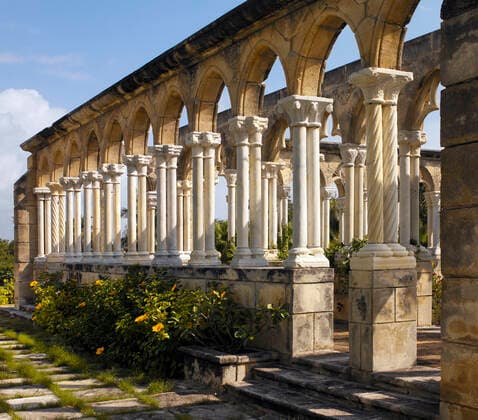 RECORD DATE NOT STATED The ruins of the Cloisters on Paradise Island in the Bahamas in the Caribbean. , 9666830.jpg, archway, travel, ruin, monastery, abbey, arch, arches, tourism, architecture, cloister, caribbean, column, bahamas, tourist, nassau, ruins, row, colonnade,
