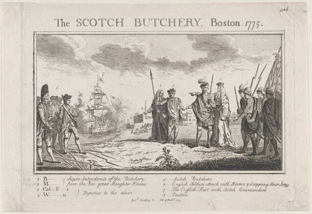 RECORD DATE NOT STATED The Scotch Butchery, Boston, 1775, 1775., 1775. Creator: Anon. Copyright:xHeritagexArt HeritagexImagesx IMAGO ,2903015 ! ACHTUNG: AUFNAHMEDATUM GESCHÄTZT!  Copyright:HeritagexArt HeritagexImagesx IMAGO