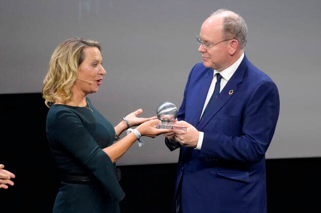 Antje Boetius und Fürst Albert II. von Monaco bei der Verleihung des 15. Deutschen Nachhaltigkeitspreises 2022 im Maritim Hotel. Düsseldorf, 02.12.2022