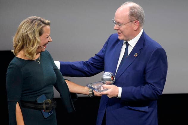 Antje Boetius und Fürst Albert II. von Monaco bei der Verleihung des 15. Deutschen Nachhaltigkeitspreises 2022 im Maritim Hotel. Düsseldorf, 02.12.2022