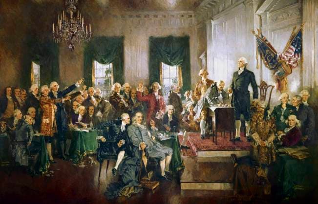 USWahl2024, die großen Präsidenten, George Washington George Washington presiding over the Philadelphia Convention, with Alexander Hamilton and Benjamin Franklin being present among others. The artwork depicts the signing of the U.S. Constitution at the Independence Hall in Philadelphia on September 17, 1787. Original painting by Howard Chandler Christy model released Copyright: VernonxLewisxGallery StocktrekxImages JPA500613A