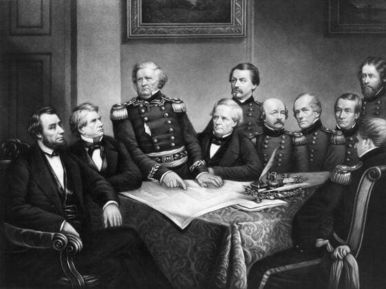President Abraham Lincoln at the President™s House in Washington D.C., in a council with members of his cabinet, Lieutenant General Scott and other officers of the Army. Depicted in the print are President Lincoln seated at the left end of the table, Secretary of State William H. Seward seated next to him, General Scott standing and pointing at a map, Secretary of War Simon Cameron. George B. McClellan standing behind Cameron, and Army officers Benjamin F. Butler, John E. Wool, Robert Anderson, John C. Fremont, and John A. Dix seated or standing around the table opposite President Lincoln. model released Copyright: VernonxLewisxGallery StocktrekxImages JPA500618A