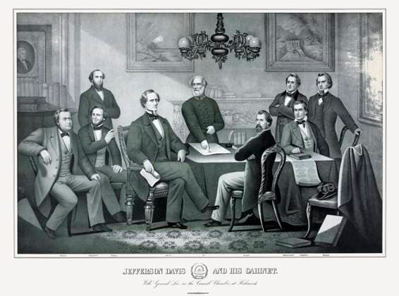 Jefferson Davis and his cabinet, with General Lee in the council chamber at Richmond, circa 1863. The cabinet members left to right are; Stephan Mallory, Judah Benjamin, Leroy Pope Walker, Jefferson Davis, Robert E. Lee, John Regan, Christopher Memminger, Vice President Alexander Stephens and Robert Toombs. model released Copyright: StocktrekxImages STK501576A