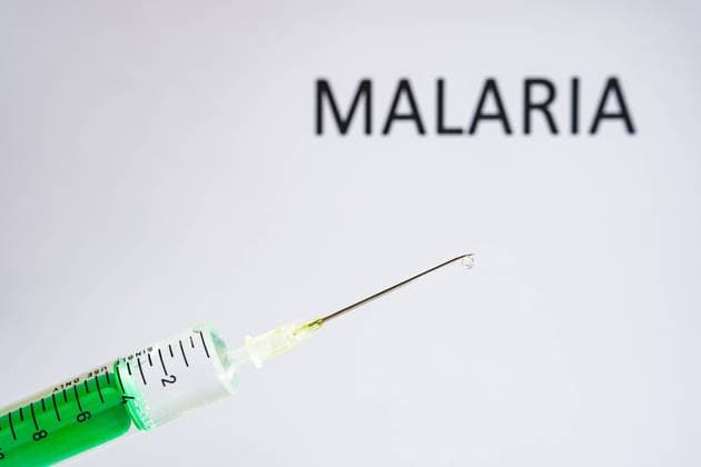 This photo illustration shows a disposable syringe with hypodermic needle, MALARIA written on a white board behind Germany Symbol FB_2020_2097