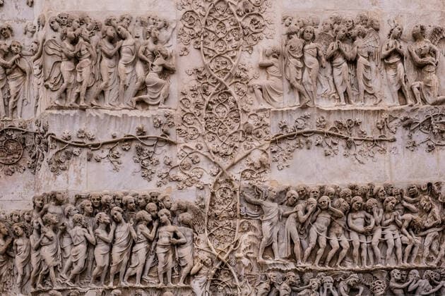 Detail of artful rock carvings of the gothic facade of Orvieto Cathedral Orvieto Umbria Italy Reise FB_2019_1821