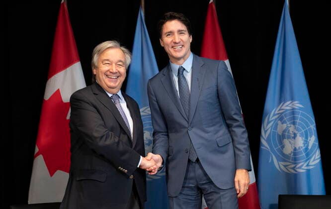 Kanada, Justin Trudeau empfämgt UN-Generalsekretär Antonio Guterres in Montreal December 7, 2022, Montreal, PQ, Canada: Prime Minister Justin Trudeau greets Secretary-General of the United Nations Antonio Guterres as they hold a bilateral meeting in Montreal on Wednesday, December 7, 2022. Montreal Canada  - ZUMAc35_ 20221207_zaf_c35_035 Copyright: xPaulxChiassonx