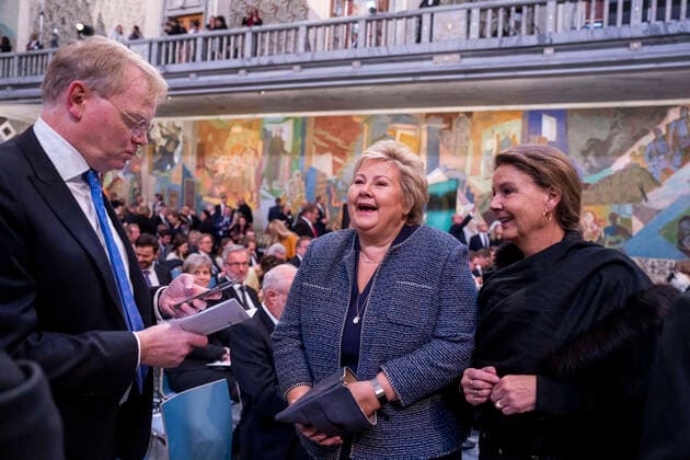 Oslo 20221210 Sindre Finnes, Erna Solberg and Ingjerd Schou in Radhuset in Oslo before the awarding of the Nobel Peace Prize for 2022 Oslo Norway xx,  Copyright: xJavadxParsax 5U5R3PR53ps