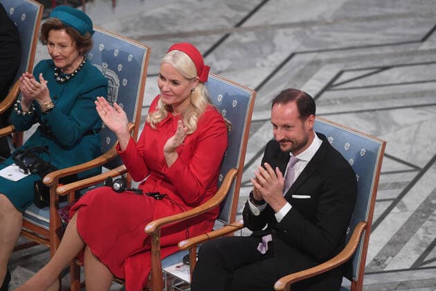 Queen Sonja of Norway, Crown Princess Mette-Marit of Norway and Crown Prince Haakon of Norway attend the 2022 Nobel Peace Prize award ceremony at the City Hall in Oslo, Norway on December 10, 2022.  LON20221210229 PAULxTREADWAY