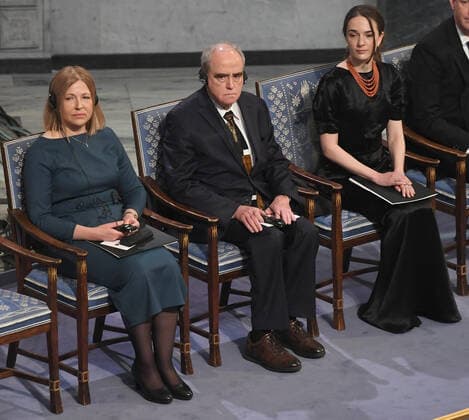 Belarusian Natallia Pinchuki (wife of 2022 Nobel Peace Prize winner - jailed Belarusian activist Ales Bialiatski), Russian Yan Rachinsky (chairman of the international Memorial Board), and Ukrainian Oleksandra Matviichuk (head of the Ukrainian Center for Civil Liberties) attend the 2022 Nobel Peace Prize award ceremony at the City Hall in Oslo, Norway on December 10, 2022.  LON20221210224 PAULxTREADWAY