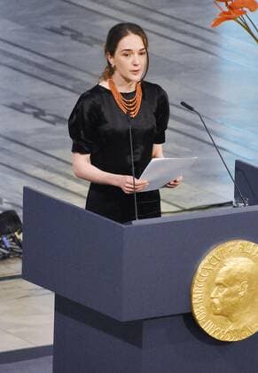 Nobel Peace Prize ceremony Olexandra Matviychuk, head of Ukraine s Center for Civil Liberties, speaks as the group receives the Nobel Peace Prize at an award ceremony in Oslo on Dec. 10, 2022.  A14AA0001374269P