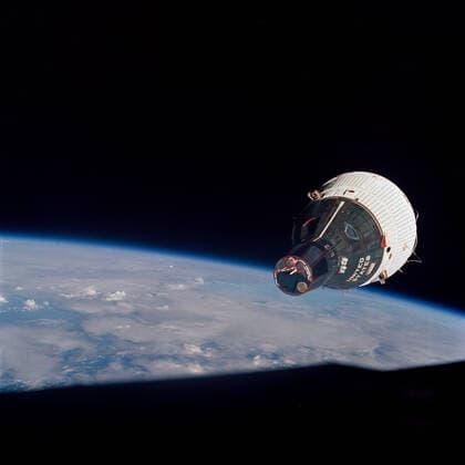 In this photo from December 15, 1965, the Gemini-VII spacecraft is seen from the Gemini-VI-A spacecraft during their rendezvous mission in space. The two spacecraft are approximately 43 feet apart. Astronauts Jim Lovell and Frank Borman launched on Gemini-VII on December 4, 1965, and eventually spent two weeks in orbit, the longest-duration flight at that time. Just as Orion and the International Space Station are helping NASA learn how to go to Mars, the Gemini program defined and tested the skills NASA would need to go to the Moon in the 1960s and 1970s. Gemini had four main goals: to test an astronaut s ability to fly long-duration missions (up to two weeks in space); to understand how spacecraft could rendezvous and dock in orbit arou Copyright: xx 52280172 EDITORIAL USE ONLY. NOT FOR USE BY NEWSPAPERS BASED IN THE UK.