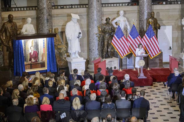 Speaker of the House Nancy Pelosi, D-CA, speaks during her portrait unveiling ceremony in Statuary Hall at the U.S. Capitol in Washington, DC on Wednesday, December 14, 2022. Pelosi is the first female speaker of the house.  WAP20221214324 BONNIExCASH