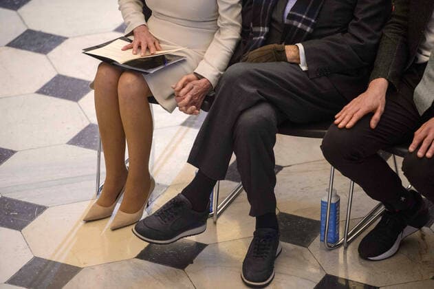 Speaker of the House Nancy Pelosi, D-CA, holds hands with her husband, Paul Pelosi, during her portrait unveiling ceremony in Statuary Hall at the U.S. Capitol in Washington, DC on Wednesday, December 14, 2022. Pelosi is the first female speaker of the house.  WAP20221214328 BONNIExCASH